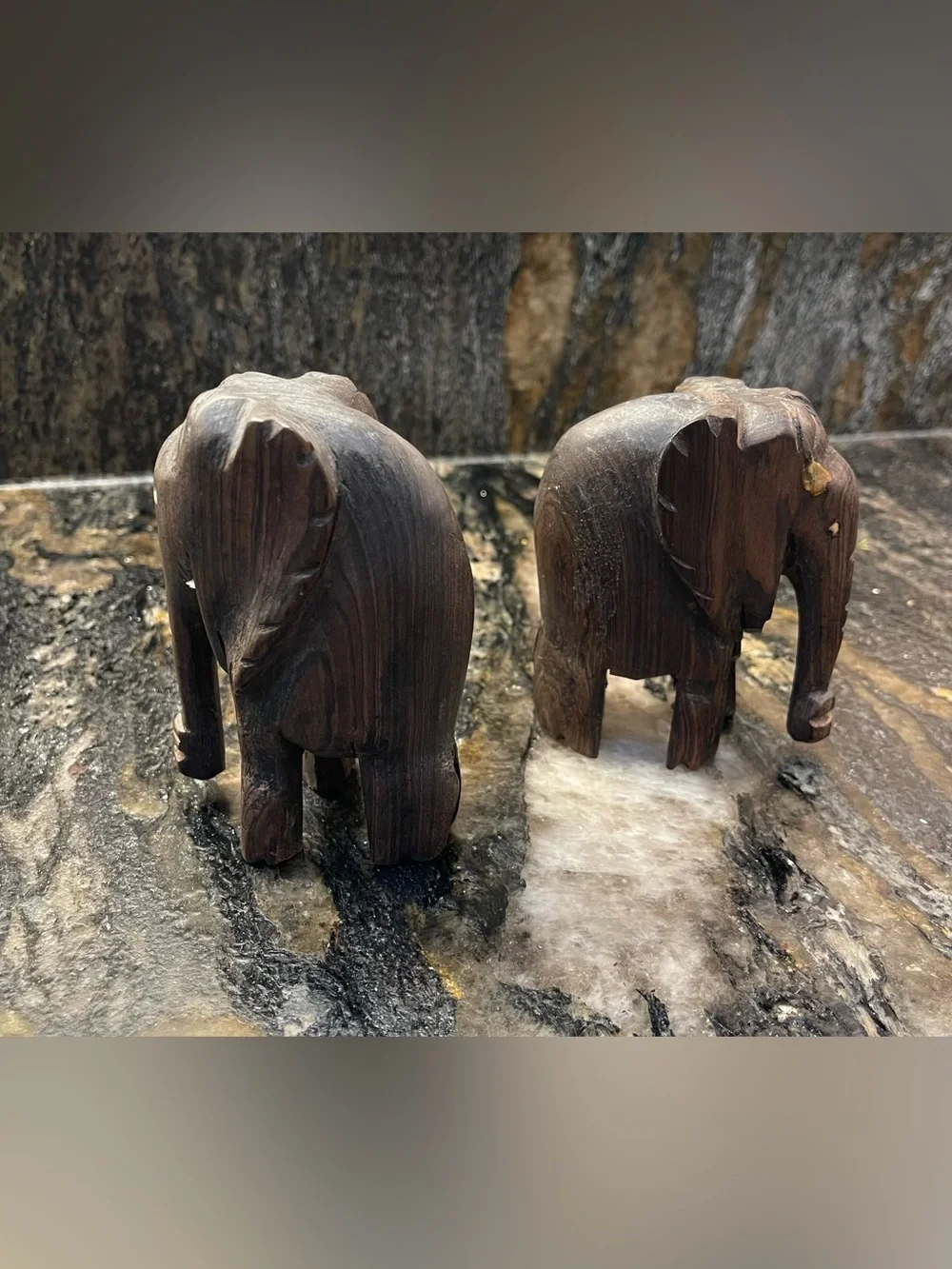 Vintage Hand-Carved Dark Teak Wood Elephant Figurines - Set of 2 2.5”x4”